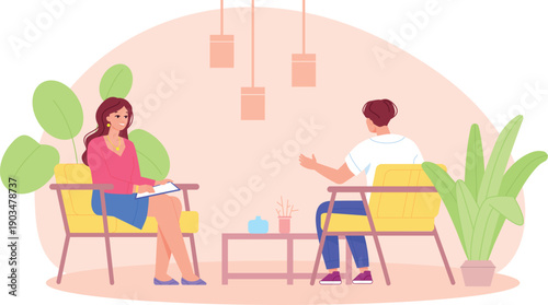 Interview color illustration. Female journalist talk with guest