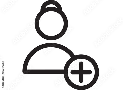 User add icon with plus sign badge, simple outline person profile symbol for registration, invite contact, account creation, UI app button isolated featuring new member, UX, stroke with monochrome