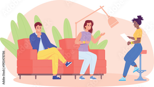 Celebrity guests sit on tv studio couch. Interview recording