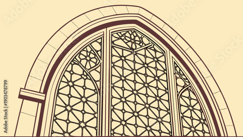 Detailed vector illustration of an Indian Mughal architectural window with intricate designs and patterns