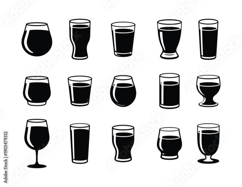 Vector black silhouette drink glasses set, various shapes and sizes, beverage container icons isolated on white