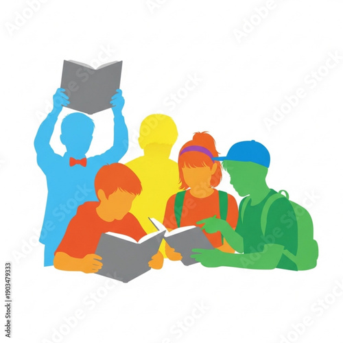 Group of students reading together in a collaborative learning environment from various viewpoints