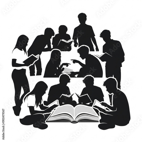 Group of people studying together, silhouette illustration of students reading and sharing knowledge around a large open book on floor