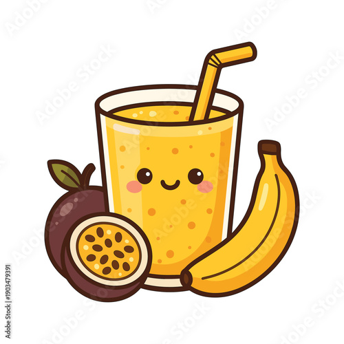 Kawaii passion fruit and banana smoothie with straw