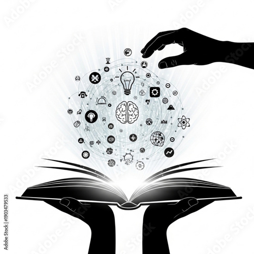 Hands holding an open book with icons and symbols emerging, representing knowledge and ideas