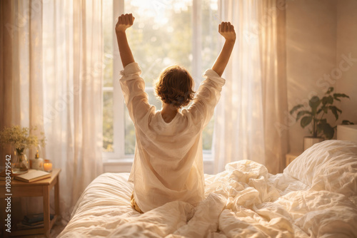 Wallpaper Mural Morning light bedroom stretch routine joy, woman waking up on cozy bed, peaceful start of day and gentle self care routines, golden sunrise glow through soft curtain window Torontodigital.ca