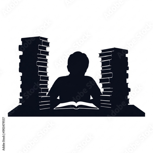 A person studying surrounded by piles of books from a frontal viewpoint