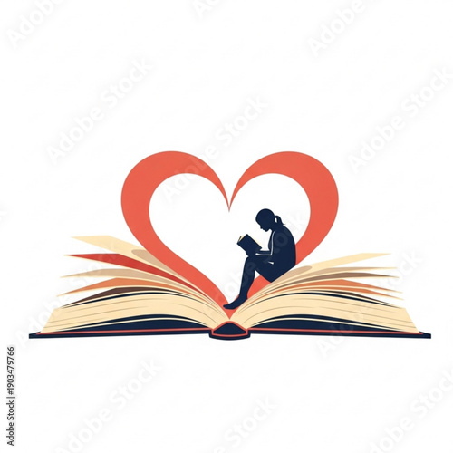 A person sitting on an open book with a heart-shaped page, reading intently, surrounded by pages, in a serene environment, viewed from the side.