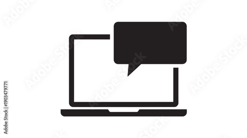 Laptop chat icon with speech bubble notification, black glyph silhouette on white background, customer support messaging concept for web, app UI, helpdesk and communication