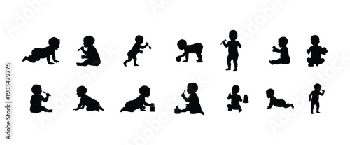 Baby and toddler black vector silhouettes set, crawling, sitting, standing, playing, isolated on white