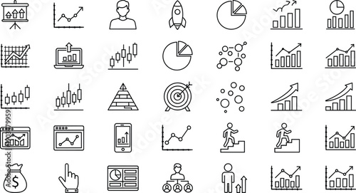 Business analytics and growth outline icon set with charts, statistics, financial progress and performance monitoring symbols isolated on white background vector collection