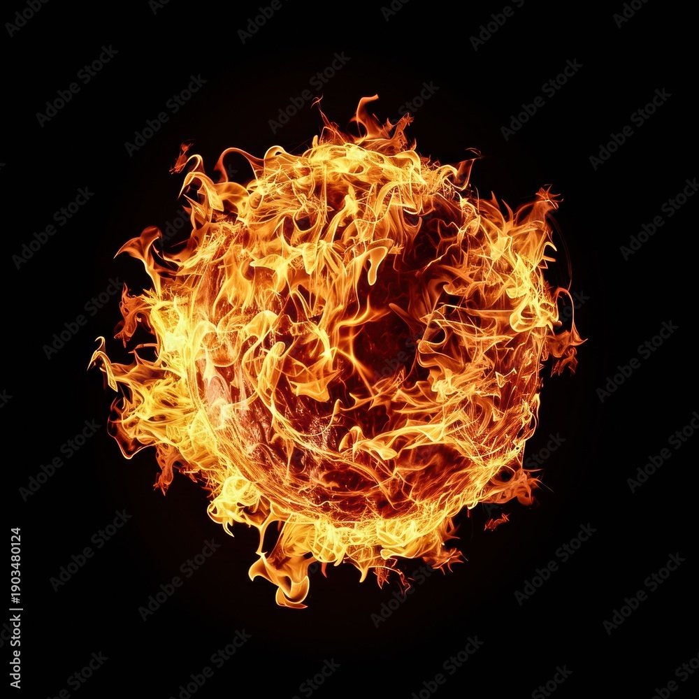 Fototapeta premium Captivating Darkness with the fireball burns brightly against a stark black backdrop, its glowing sphere standing out as the only source of light in a dark and quiet environment.