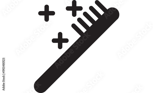 Toothbrush cleaning icon with sparkle symbols, minimal black silhouette pictogram for hygiene, dental care, bathroom sanitation, app UI, web button, and signage