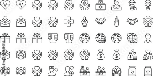 Charity and donation outline icon set with humanitarian aid, healthcare support, love, fundraising and volunteer symbols isolated on white background vector collection