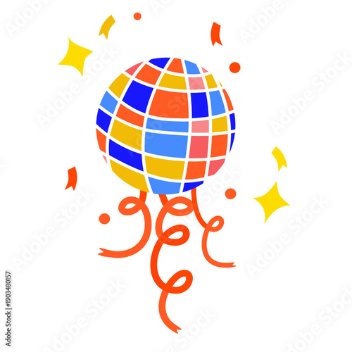 Colorful disco ball illustration surrounded by festive confetti and swirling ribbons in a vibrant party atmosphere from a straight-on viewpoint