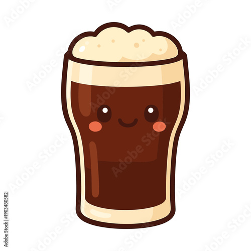 Cute glass of dark beer with foam and smile