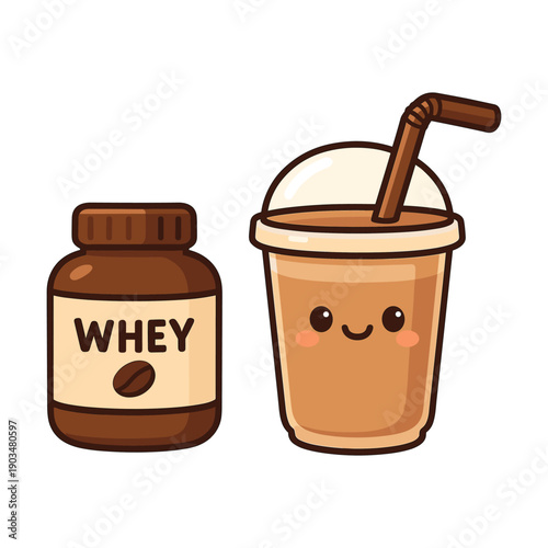 Whey protein jar with cute shake cup cartoon