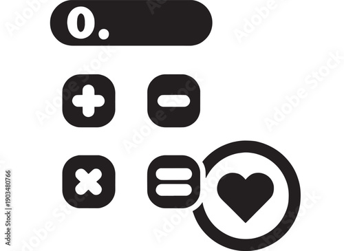 Calculator icon set with rounded buttons and heart symbol, minimal black glyph UI elements including plus, minus, multiply and equals signs for app interface design