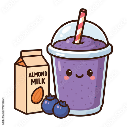 Blueberry smoothie with almond milk carton and berries