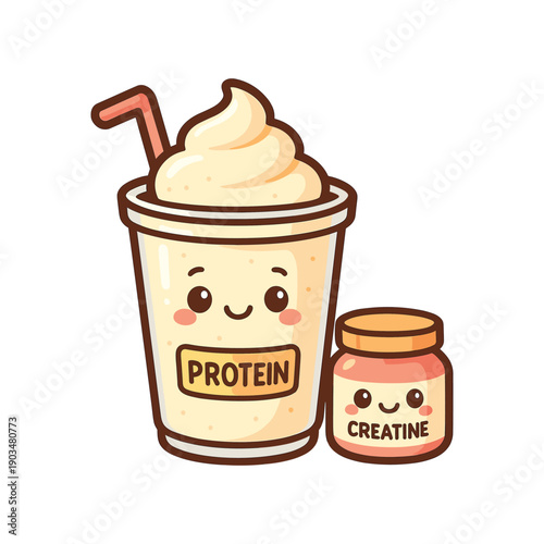 Protein shake with creatine supplement container kawaii style