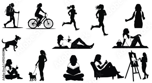 Collection of black silhouettes depicting various women engaging in different activities like hiking running cycling relaxing and creating art on a white background