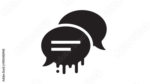 Chat bubbles icon with dripping paint effect, overlapping speech balloons and message lines, minimalist black silhouette for messaging, social media, and communication app UI
