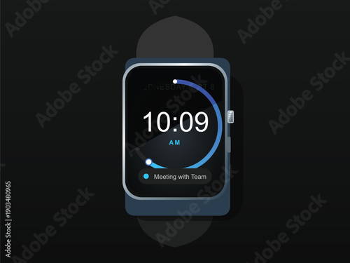 "Modern, sleek, and focused. The high contrast between the deep blacks of the watch face and the vibrant cyan glowing ring creates a sense of cutting-edge technology and clean efficiency. 