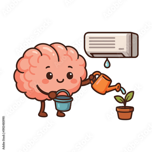 Cartoon brain watering plant with air conditioner