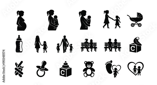 Collection of black silhouettes depicting parenting family and childcare concepts on white background