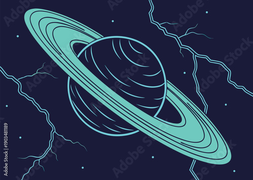 Saturn's Cosmic Embrace: A stylized depiction of Saturn, encircled by its iconic rings, is set against a dark, star-speckled expanse, with bolts of celestial lightning adding a dramatic touch.