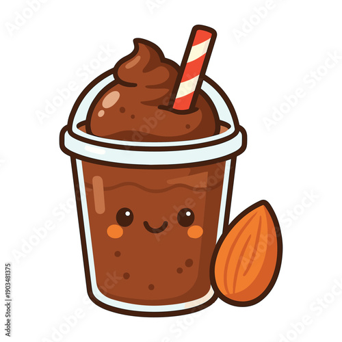 Cute almond chocolate smoothie with smiling face