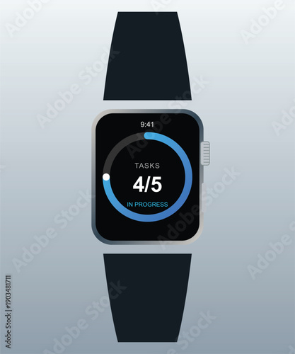 "A clean, modern flat illustration of a smartwatch displaying a high-contrast task progress interface. The deep black face features crisp white typography and a vibrant blue circular progress bar,