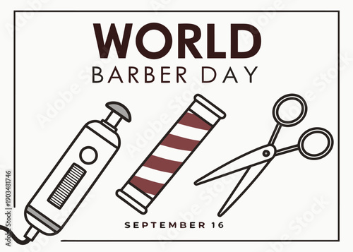 World Barber Day Illustration: A stylized graphic commemorates World Barber Day, showcasing essential barber tools: a clipper, a barber pole, and scissors.