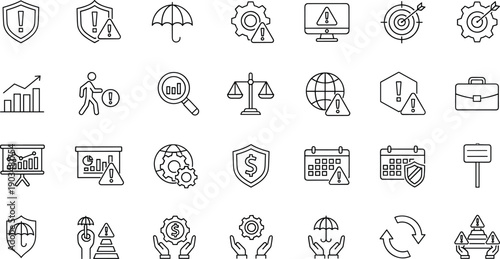 Risk management and security outline icon set with protection, warning, insurance and business safety symbols isolated on white background for corporate and financial design