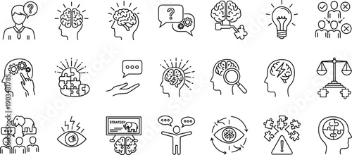 Psychology and mental health outline icon set with brain, thinking, therapy, problem solving and emotional wellness symbols isolated on white background vector collection