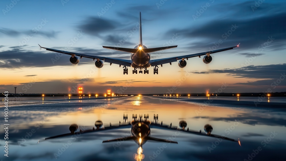 Obraz premium Widebody passenger airplane landing at dusk with runway lights and mirrored reflection on wet tarmac for travel banner or airline advertising