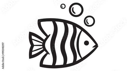 Fish icon with striped tropical body and bubbles above, bold black outline silhouette in simple flat cartoon style, isolated on white background for aquarium logo