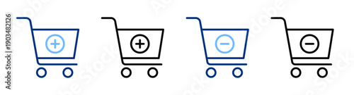 Shopping cart icon set. Trolley, grocery cart black blue line icons. Basket sign. E-commerce, closeout, retail, supermarket concept.Vector illustration.Isolated on a white background. Editable stroke.