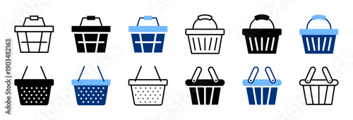 Shopping basket icon set. Grocery cart black blue line icons. E-commerce, closeout, retail, supermarket concept. Vector illustration. Isolated on a white background. Editable stroke. Flat design.