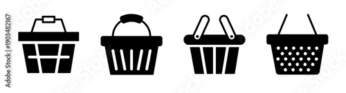 Shopping basket icon set. Grocery cart black icons. E-commerce, closeout, retail, supermarket concept. Vector illustration. Isolated on a white background. Editable stroke. Flat design.