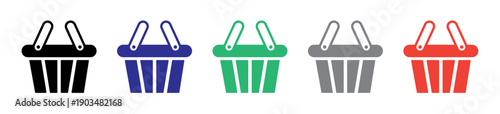 Shopping basket icon set. Grocery cart colorful icons. E-commerce, closeout, retail, supermarket concept. Vector illustration. Isolated on a white background. Editable stroke. Flat design.