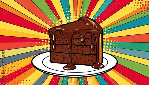 Delicious chocolate cake slice on colorful background with chocolate sauce