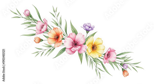 Colorful floral arrangement with delicate leaves isolated on transparent background