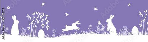 Swallows Easter seamless pattern with rabbit silhouette vector border willow and crocus on purple background