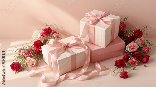 Scatole regalo rosa con eleganti fiocchi in raso e bouquet di rose rosse e rosa su sfondo neutro. Generative AI
