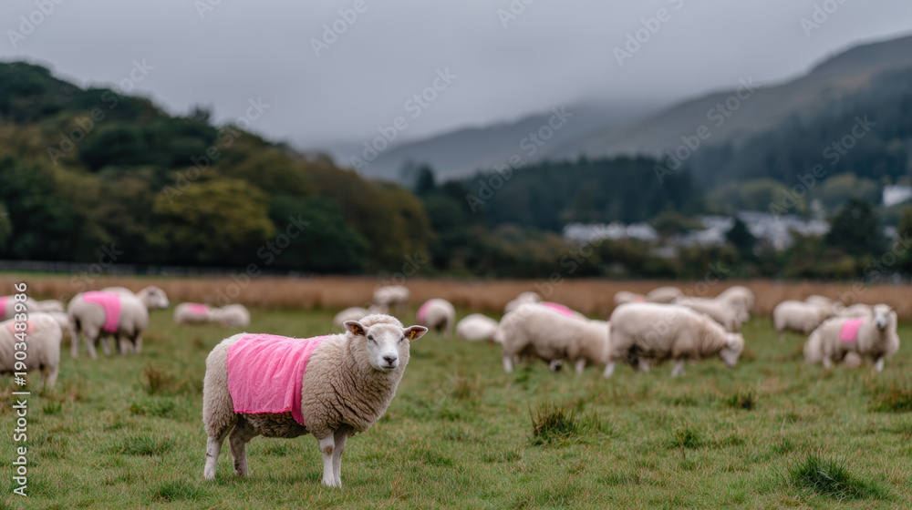 Obraz premium Flock of sheep grazing in lush green field, wearing bright pink vests. landscape features rolling hills and cloudy sky, creating serene and picturesque rural scene