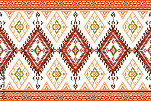 Intricate Thai traditional fabric pattern featuring "Lai Thai" diamond motifs in earthy red and orange tones. Authentic Southeast Asian ethnic textile design.