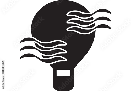 Balloon hot air icon with flowing wind lines in black silhouette, minimal flat pictogram for travel, festival, aviation, weather and adventure design featuring aerostat, flight, flying with breeze