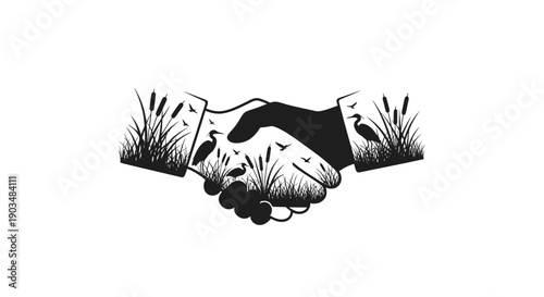 A black and white illustration of two hands shaking, with natural elements like reeds, grasses, and birds integrated into the design, symbolizing environmental partnership.