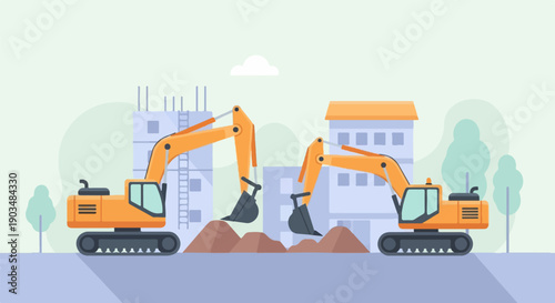 Two orange excavators dig earth at a construction site with buildings